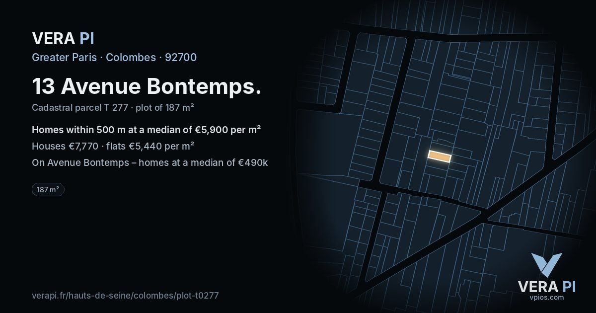 13 Avenue Bontemps, Colombes at night – the plot lit, the parcels around coloured by the prices near them
