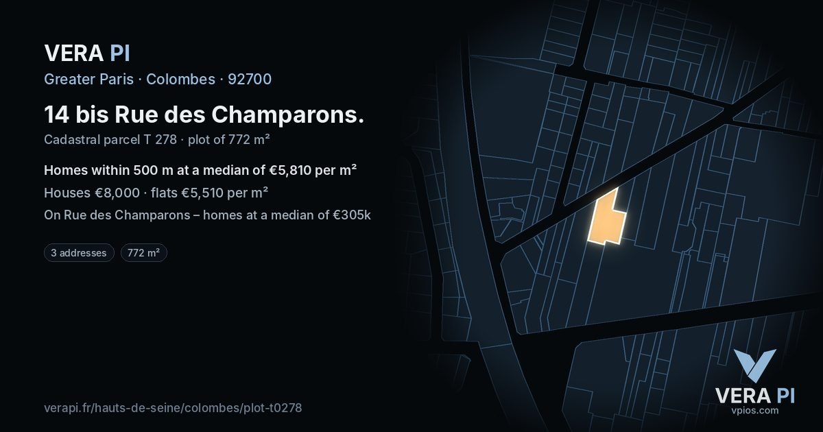 14 bis Rue des Champarons, Colombes at night – the plot lit, the parcels around coloured by the prices near them