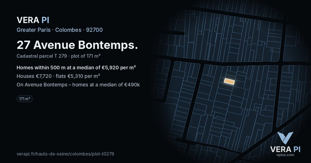 27 Avenue Bontemps, Colombes at night – the plot lit, the parcels around coloured by the prices near them