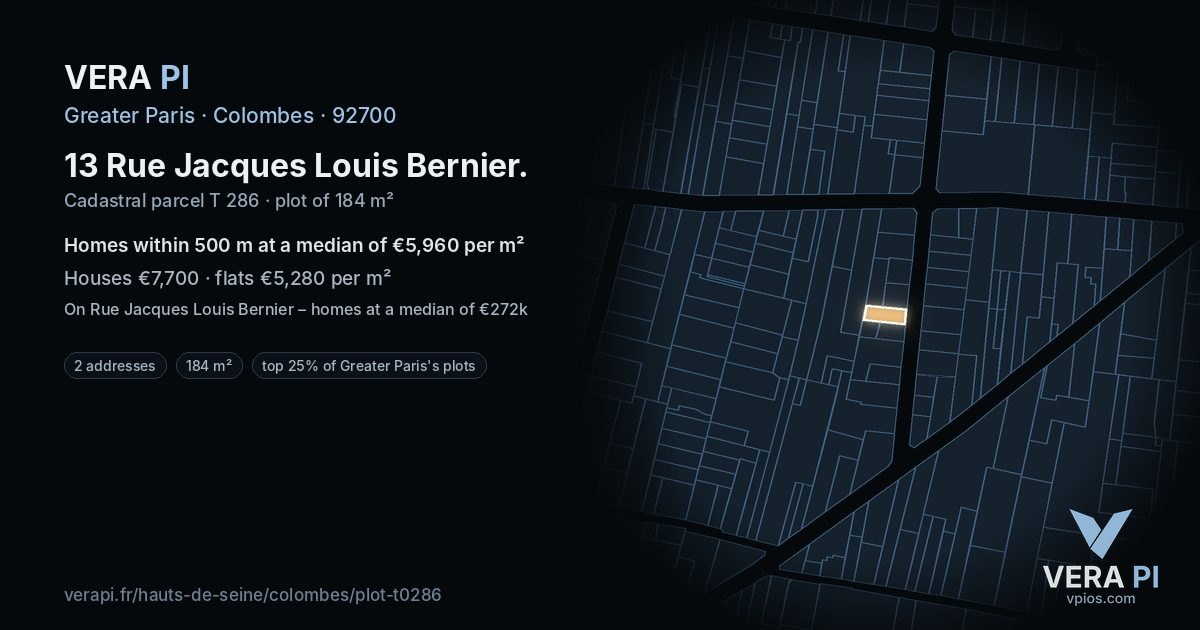 13 Rue Jacques Louis Bernier, Colombes at night – the plot lit, the parcels around coloured by the prices near them