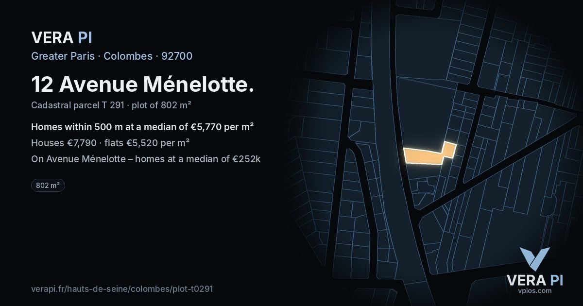 12 Avenue Ménelotte, Colombes at night – the plot lit, the parcels around coloured by the prices near them