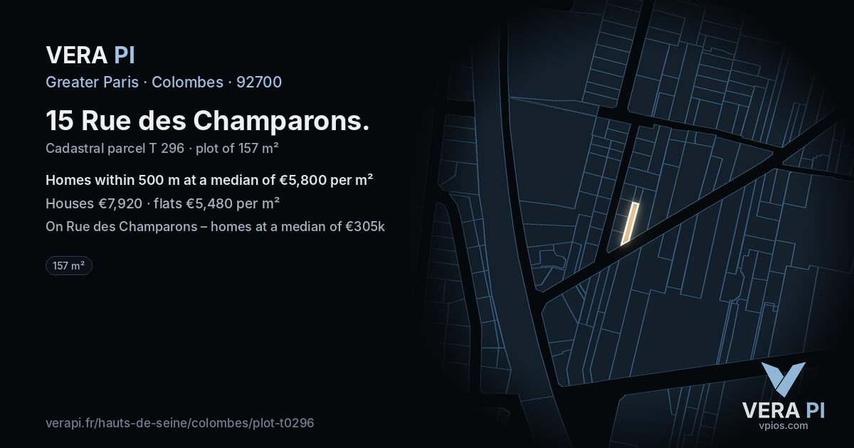 15 Rue des Champarons, Colombes at night – the plot lit, the parcels around coloured by the prices near them