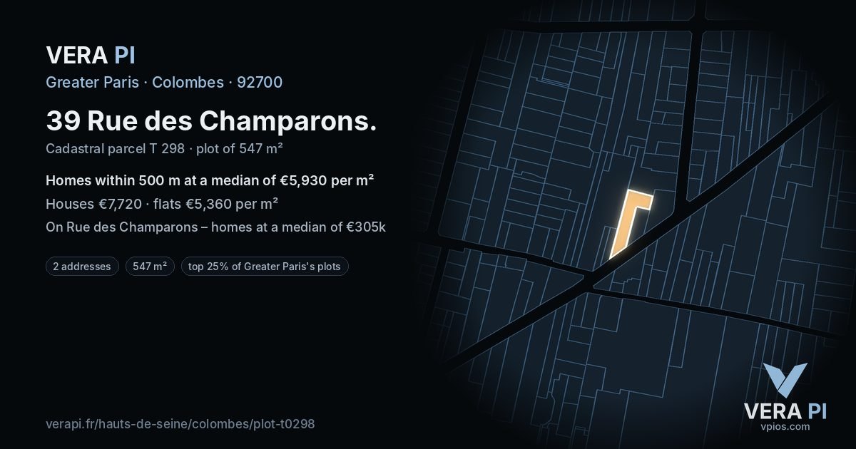 39 Rue des Champarons, Colombes at night – the plot lit, the parcels around coloured by the prices near them