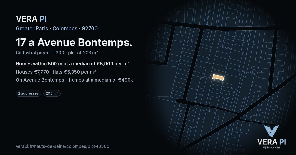 17 a Avenue Bontemps, Colombes at night – the plot lit, the parcels around coloured by the prices near them