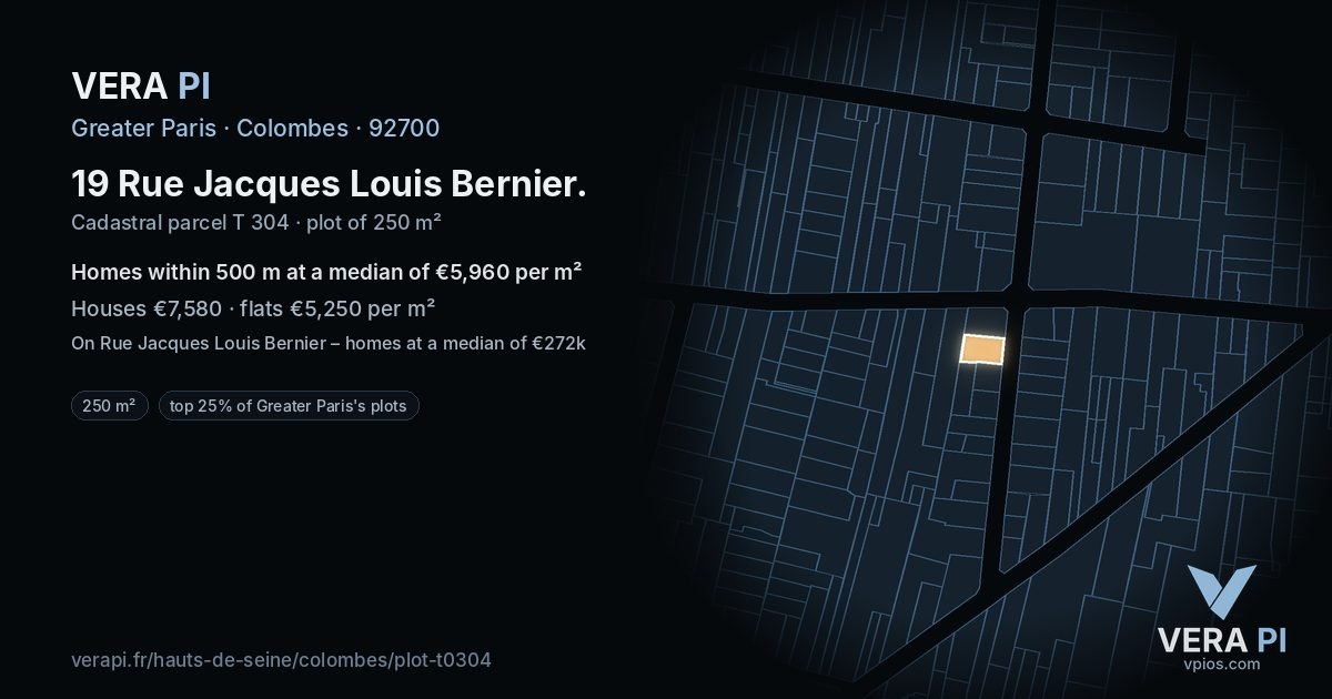 19 Rue Jacques Louis Bernier, Colombes at night – the plot lit, the parcels around coloured by the prices near them