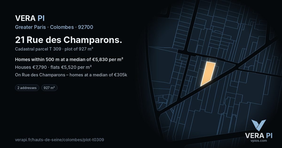 21 Rue des Champarons, Colombes at night – the plot lit, the parcels around coloured by the prices near them