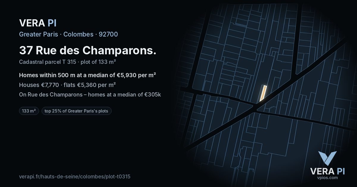37 Rue des Champarons, Colombes at night – the plot lit, the parcels around coloured by the prices near them