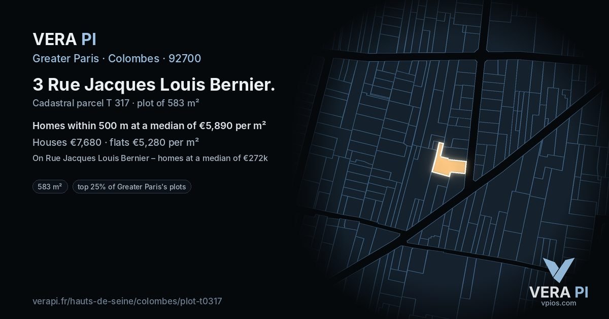 3 Rue Jacques Louis Bernier, Colombes at night – the plot lit, the parcels around coloured by the prices near them