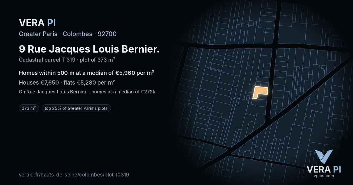 9 Rue Jacques Louis Bernier, Colombes at night – the plot lit, the parcels around coloured by the prices near them