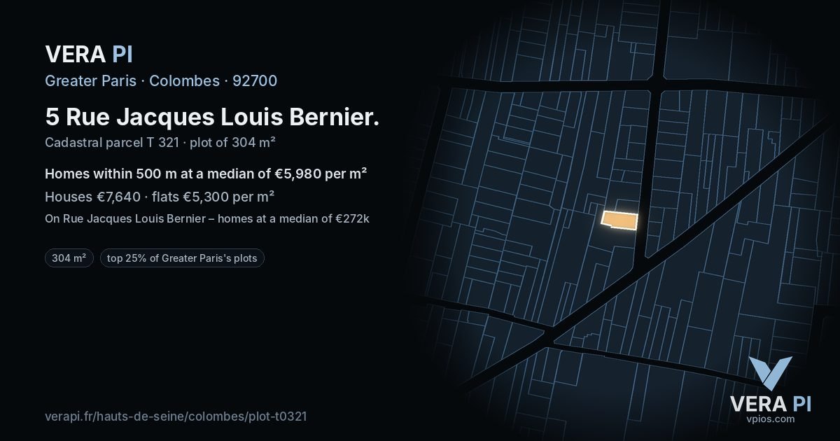 5 Rue Jacques Louis Bernier, Colombes at night – the plot lit, the parcels around coloured by the prices near them