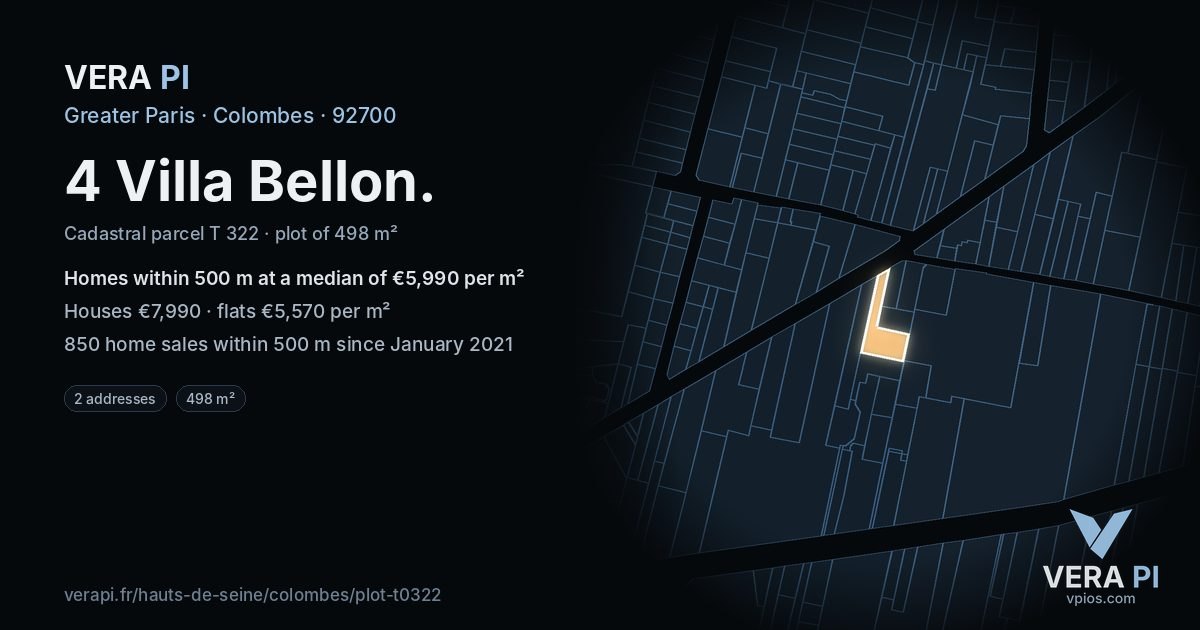 4 Villa Bellon, Colombes at night – the plot lit, the parcels around coloured by the prices near them