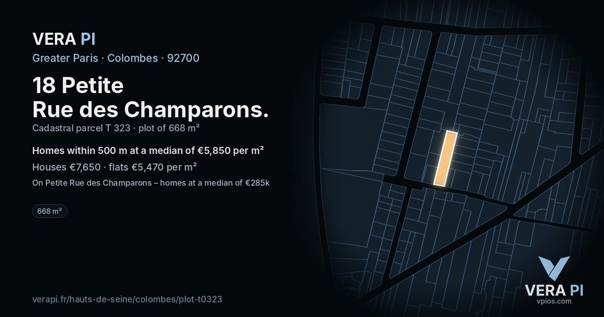 18 Petite Rue des Champarons, Colombes at night – the plot lit, the parcels around coloured by the prices near them
