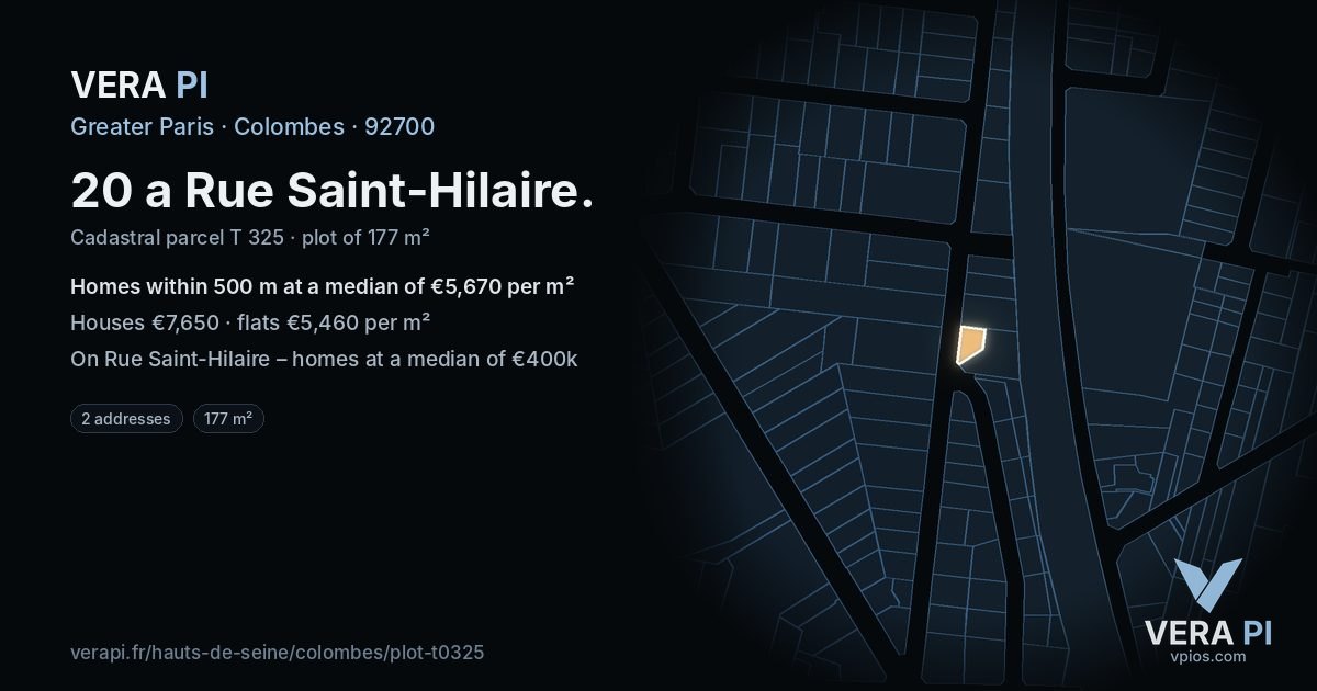 20 a Rue Saint-Hilaire, Colombes at night – the plot lit, the parcels around coloured by the prices near them