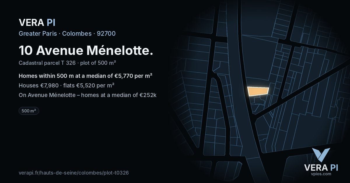 10 Avenue Ménelotte, Colombes at night – the plot lit, the parcels around coloured by the prices near them