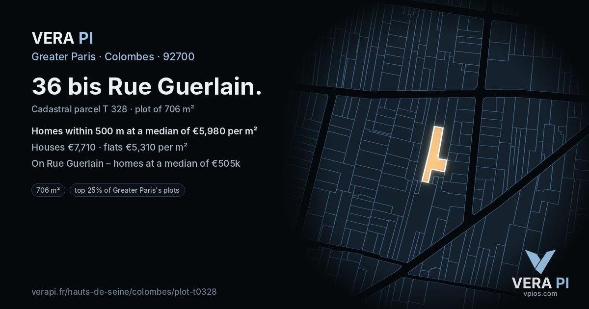 36 bis Rue Guerlain, Colombes at night – the plot lit, the parcels around coloured by the prices near them
