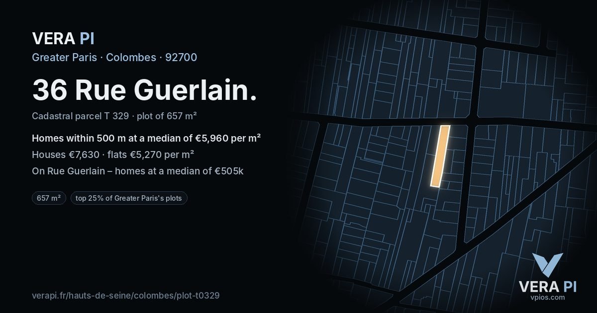 36 Rue Guerlain, Colombes at night – the plot lit, the parcels around coloured by the prices near them