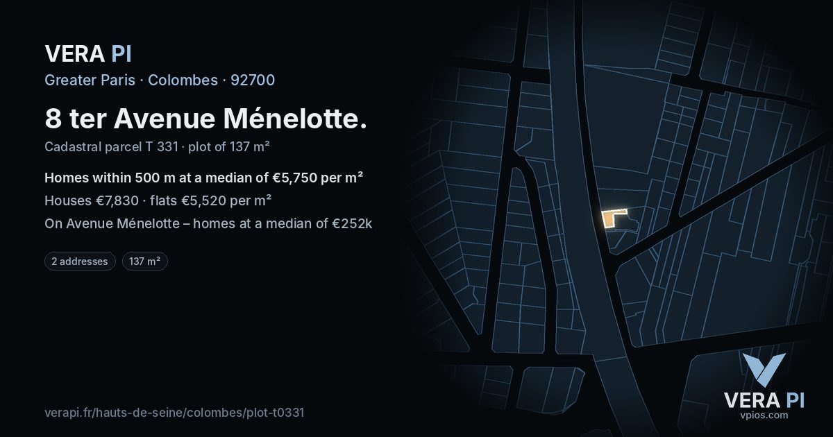 8 ter Avenue Ménelotte, Colombes at night – the plot lit, the parcels around coloured by the prices near them