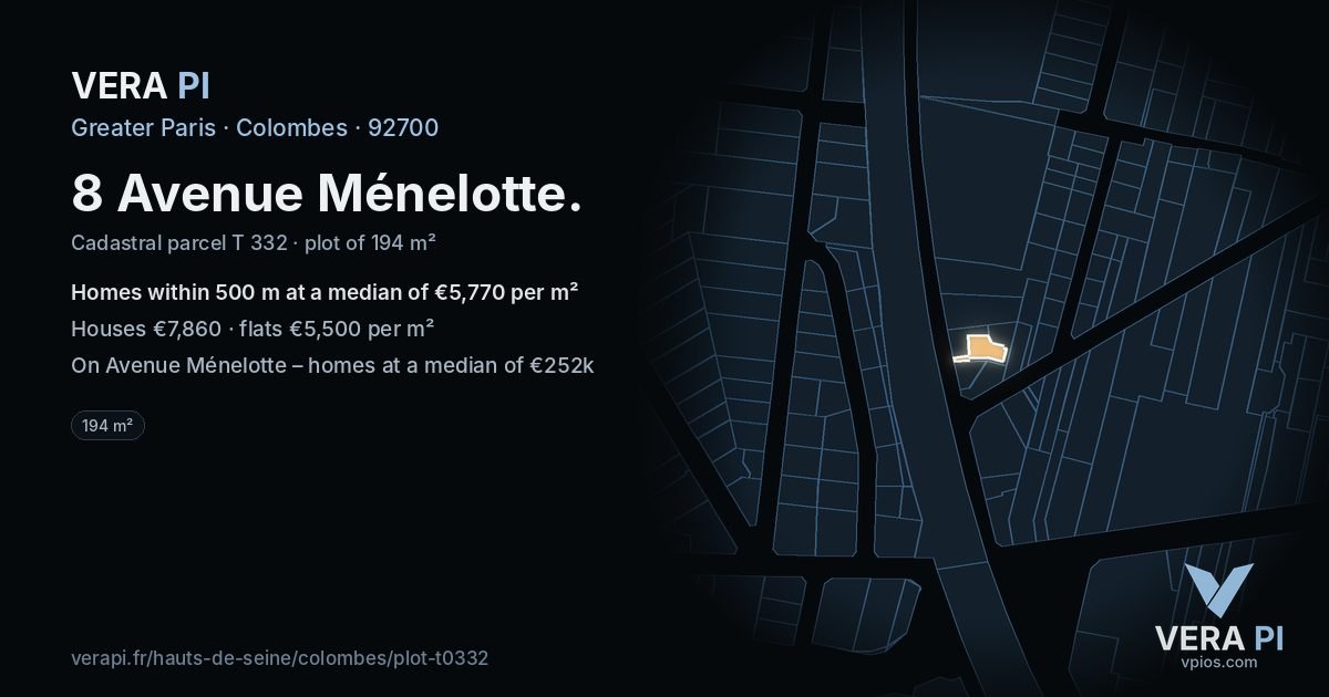 8 Avenue Ménelotte, Colombes at night – the plot lit, the parcels around coloured by the prices near them