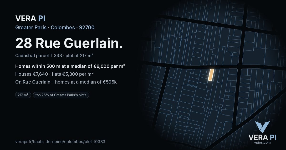 28 Rue Guerlain, Colombes at night – the plot lit, the parcels around coloured by the prices near them