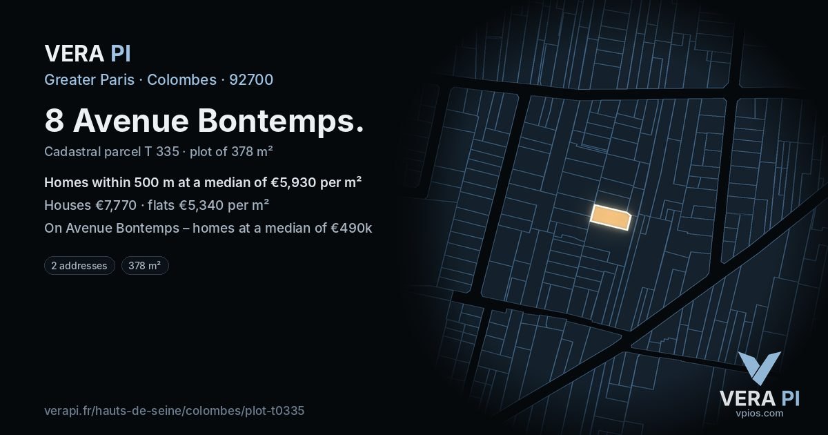 8 Avenue Bontemps, Colombes at night – the plot lit, the parcels around coloured by the prices near them