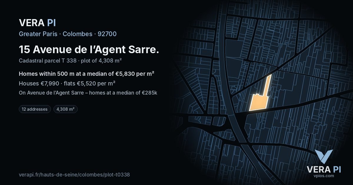 15 Avenue de l’Agent Sarre, Colombes at night – the plot lit, the parcels around coloured by the prices near them