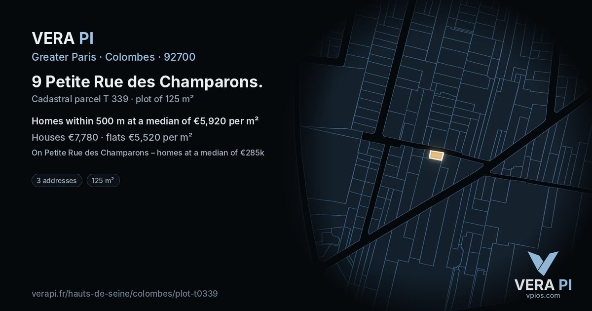 9 Petite Rue des Champarons, Colombes at night – the plot lit, the parcels around coloured by the prices near them