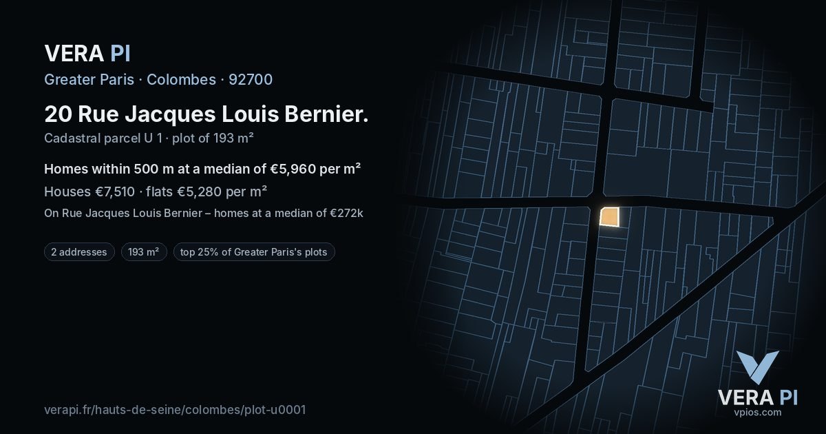 20 Rue Jacques Louis Bernier, Colombes at night – the plot lit, the parcels around coloured by the prices near them