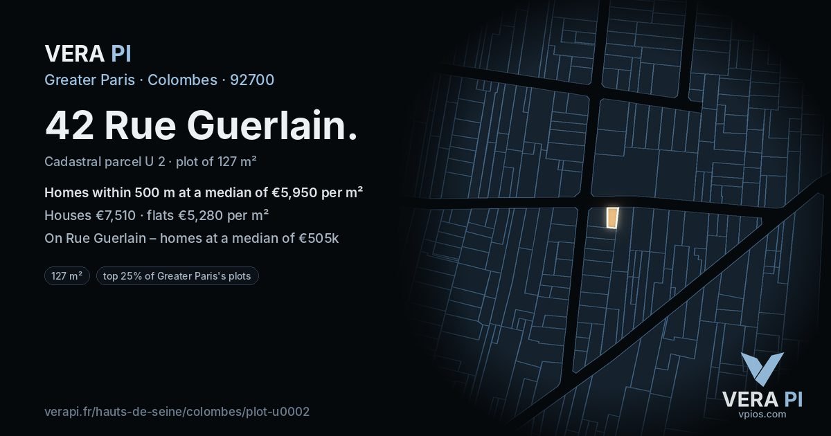 42 Rue Guerlain, Colombes at night – the plot lit, the parcels around coloured by the prices near them
