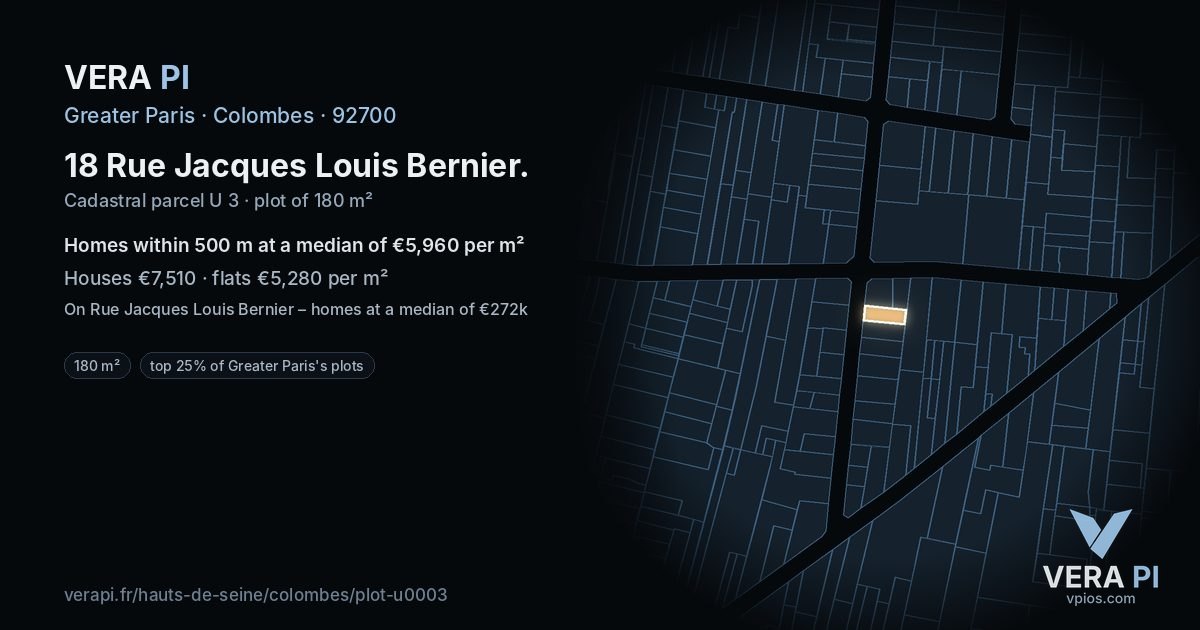 18 Rue Jacques Louis Bernier, Colombes at night – the plot lit, the parcels around coloured by the prices near them