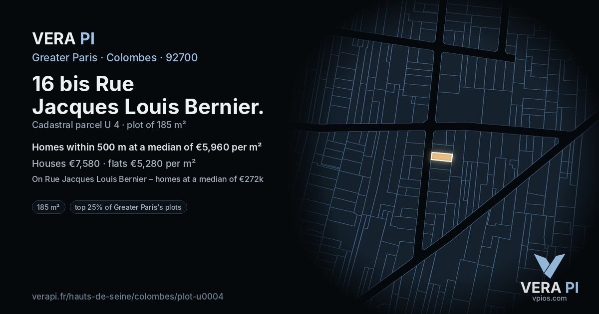 16 bis Rue Jacques Louis Bernier, Colombes at night – the plot lit, the parcels around coloured by the prices near them