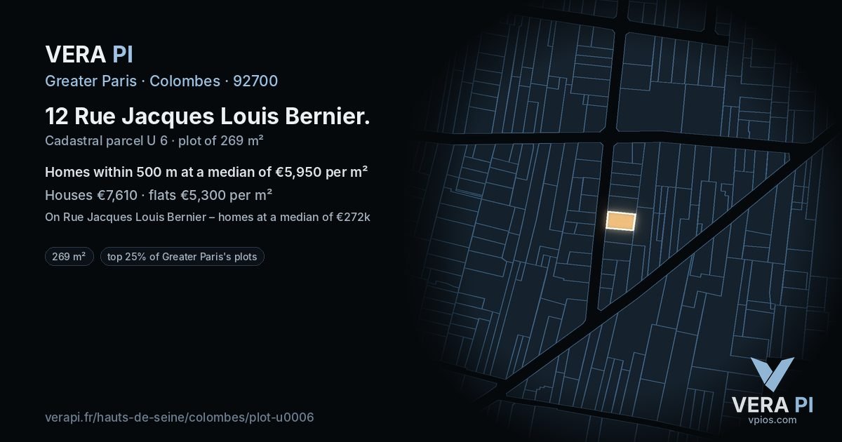 12 Rue Jacques Louis Bernier, Colombes at night – the plot lit, the parcels around coloured by the prices near them