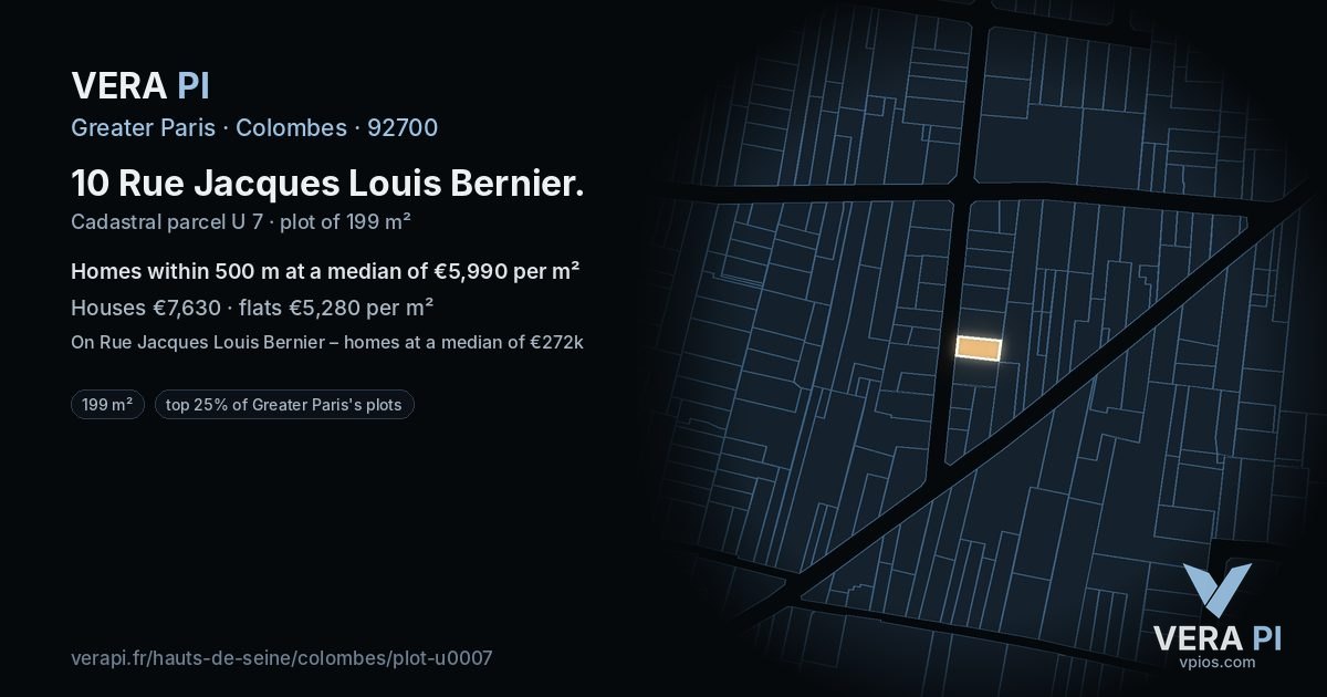 10 Rue Jacques Louis Bernier, Colombes at night – the plot lit, the parcels around coloured by the prices near them