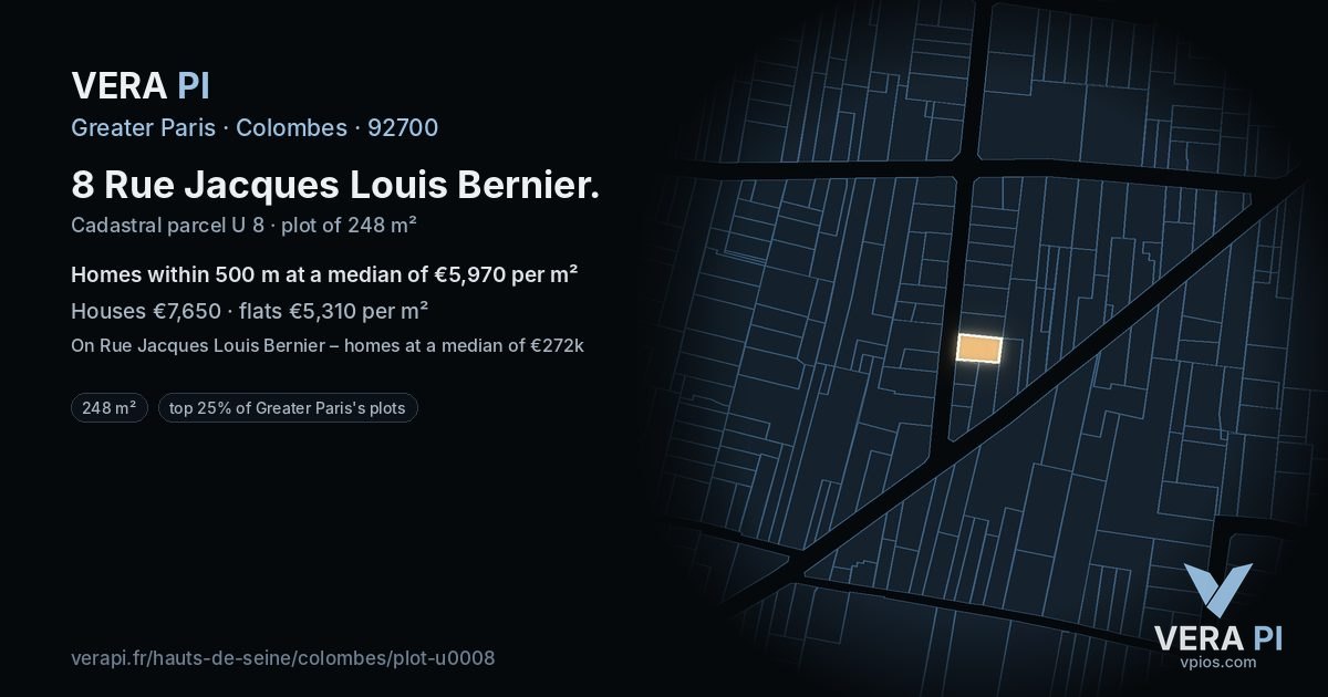 8 Rue Jacques Louis Bernier, Colombes at night – the plot lit, the parcels around coloured by the prices near them