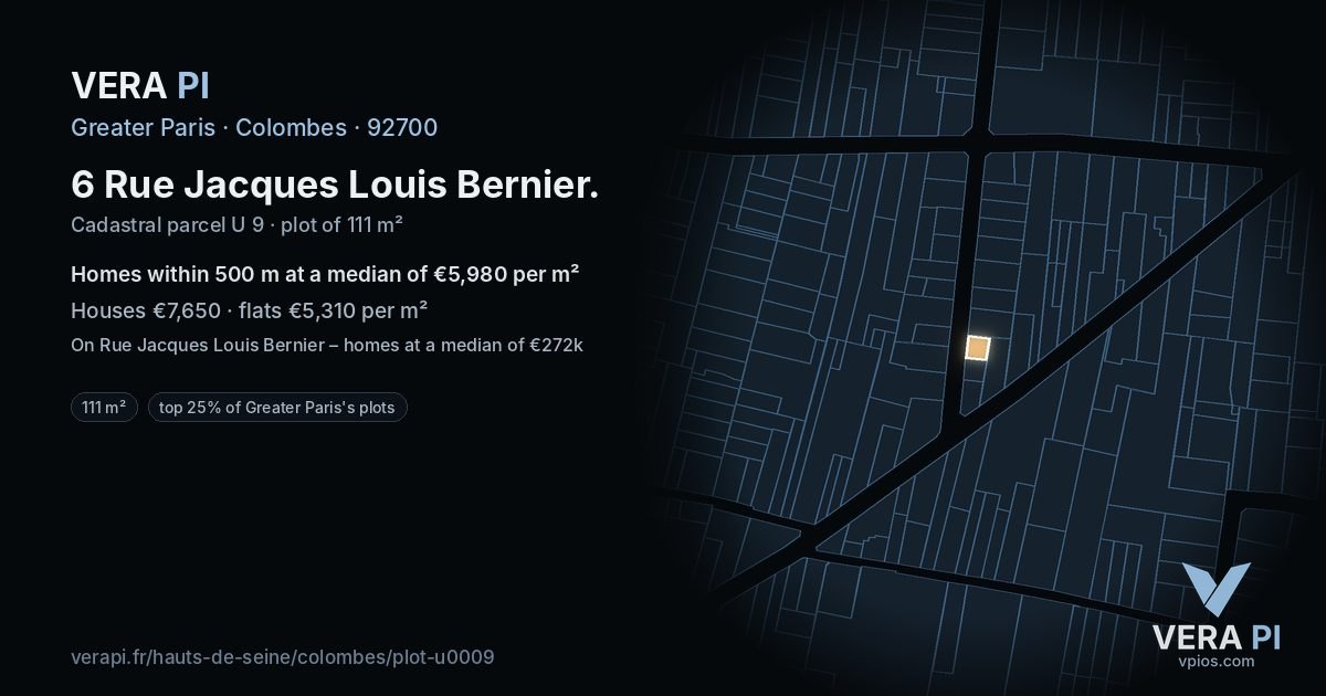 6 Rue Jacques Louis Bernier, Colombes at night – the plot lit, the parcels around coloured by the prices near them