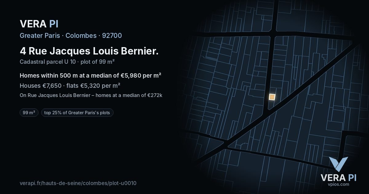 4 Rue Jacques Louis Bernier, Colombes at night – the plot lit, the parcels around coloured by the prices near them