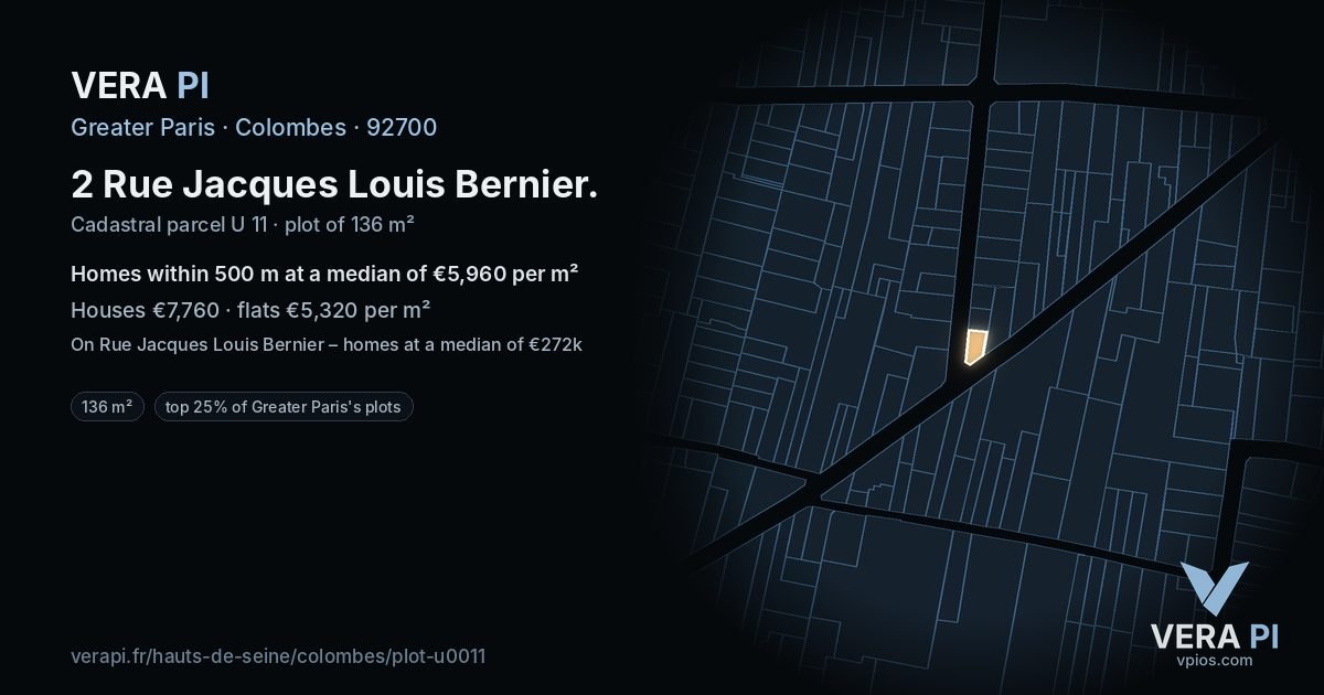 2 Rue Jacques Louis Bernier, Colombes at night – the plot lit, the parcels around coloured by the prices near them