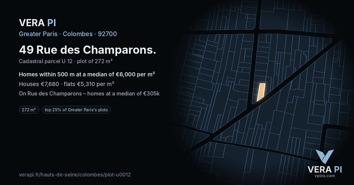 49 Rue des Champarons, Colombes at night – the plot lit, the parcels around coloured by the prices near them