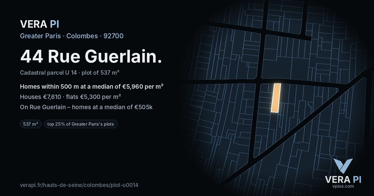 44 Rue Guerlain, Colombes at night – the plot lit, the parcels around coloured by the prices near them