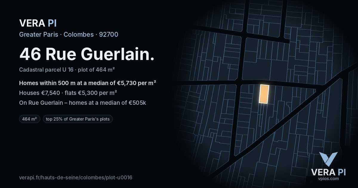 46 Rue Guerlain, Colombes at night – the plot lit, the parcels around coloured by the prices near them