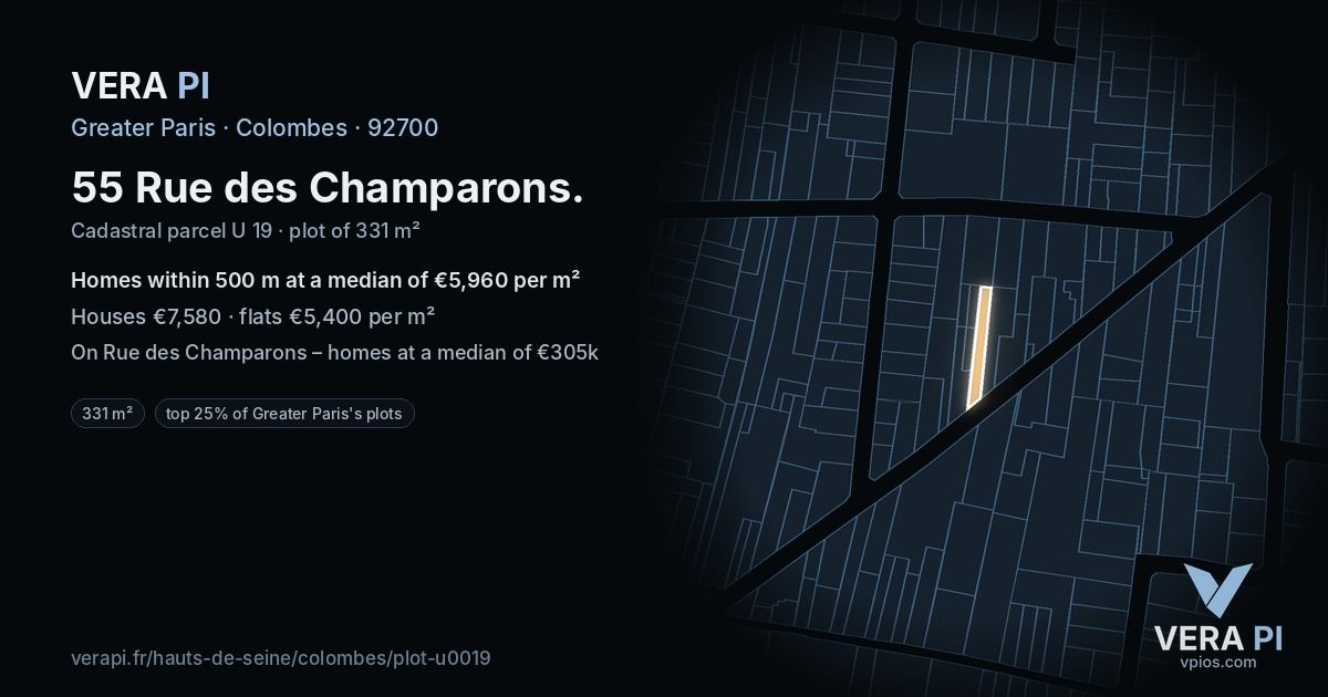 55 Rue des Champarons, Colombes at night – the plot lit, the parcels around coloured by the prices near them