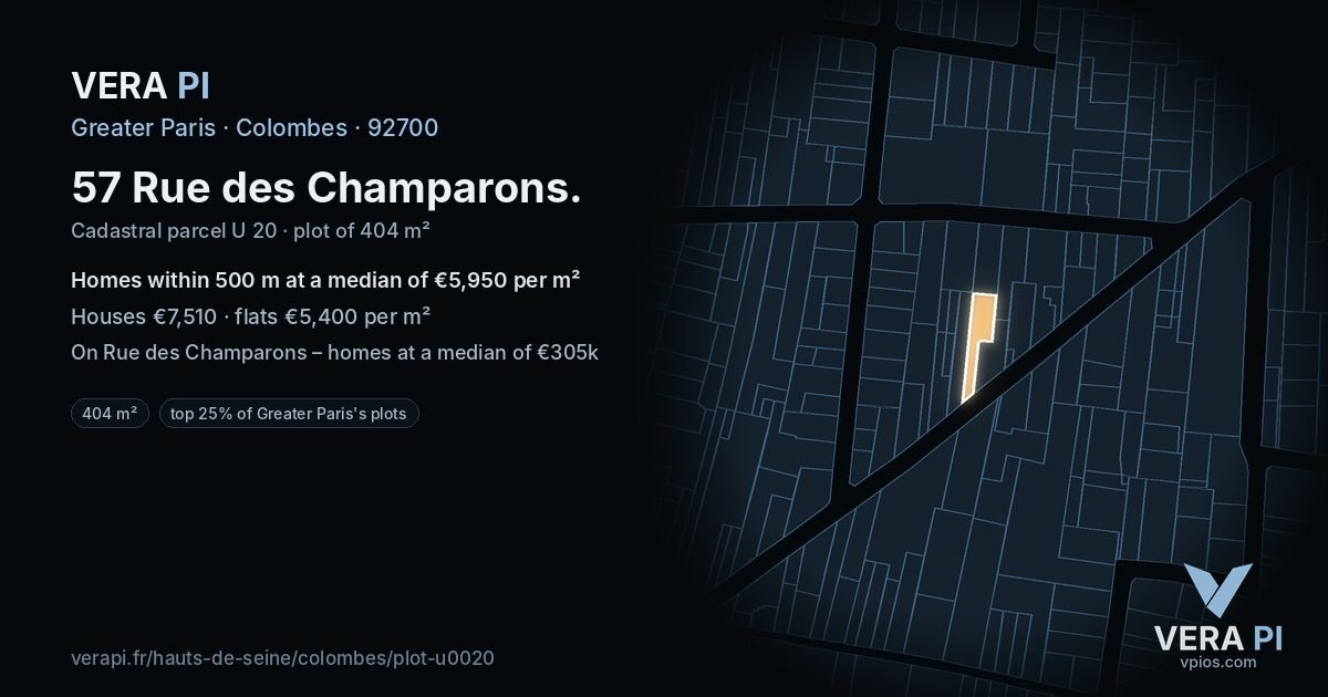 57 Rue des Champarons, Colombes at night – the plot lit, the parcels around coloured by the prices near them