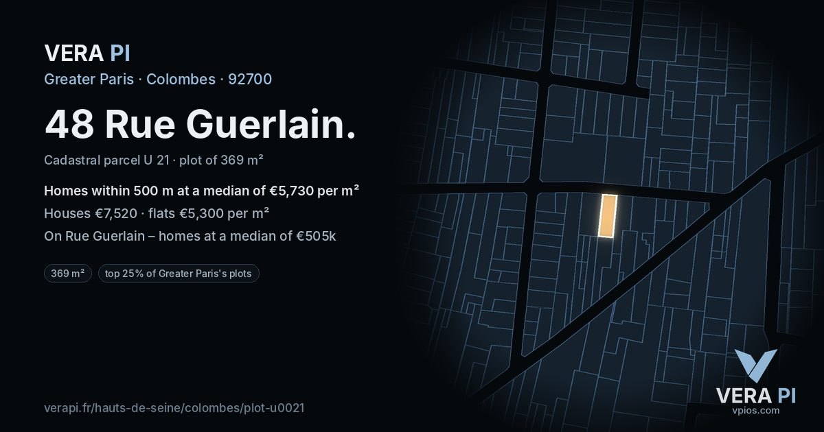 48 Rue Guerlain, Colombes at night – the plot lit, the parcels around coloured by the prices near them