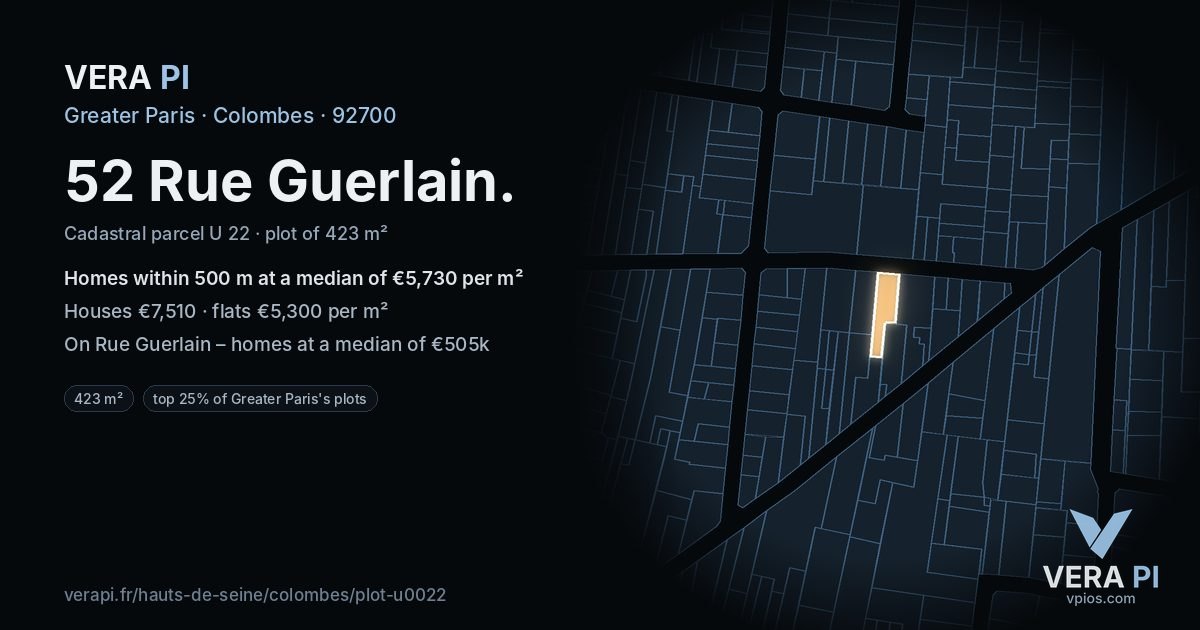52 Rue Guerlain, Colombes at night – the plot lit, the parcels around coloured by the prices near them