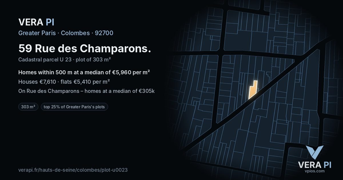 59 Rue des Champarons, Colombes at night – the plot lit, the parcels around coloured by the prices near them