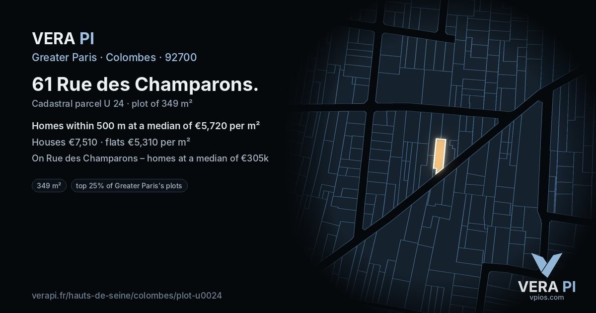 61 Rue des Champarons, Colombes at night – the plot lit, the parcels around coloured by the prices near them