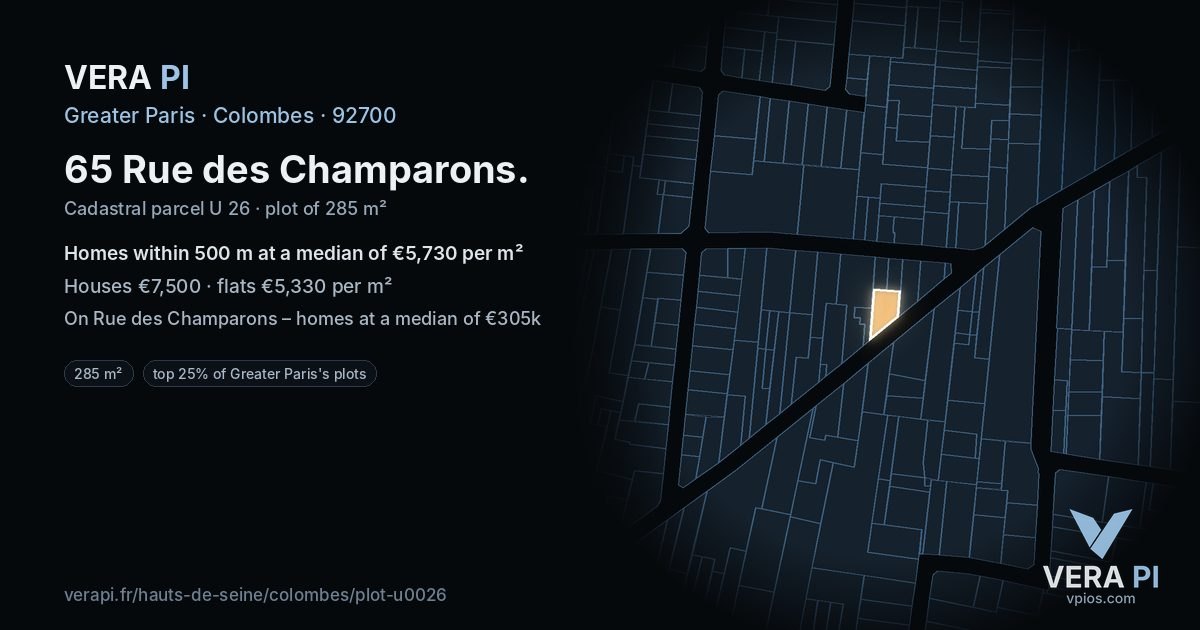 65 Rue des Champarons, Colombes at night – the plot lit, the parcels around coloured by the prices near them