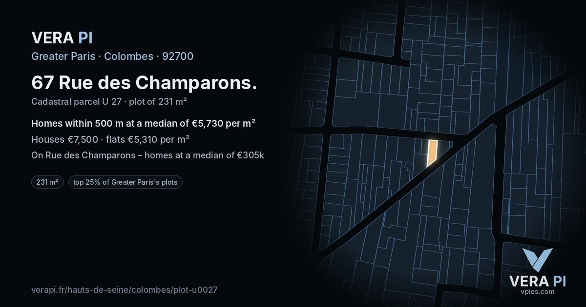 67 Rue des Champarons, Colombes at night – the plot lit, the parcels around coloured by the prices near them