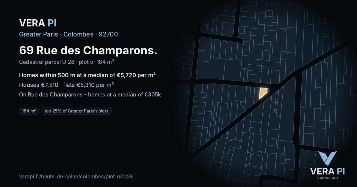 69 Rue des Champarons, Colombes at night – the plot lit, the parcels around coloured by the prices near them