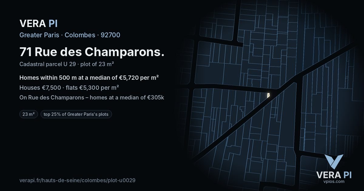 71 Rue des Champarons, Colombes at night – the plot lit, the parcels around coloured by the prices near them