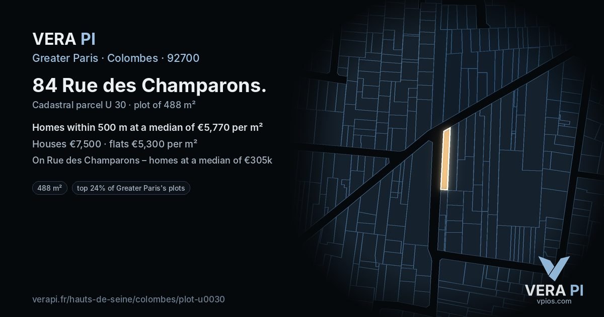 84 Rue des Champarons, Colombes at night – the plot lit, the parcels around coloured by the prices near them